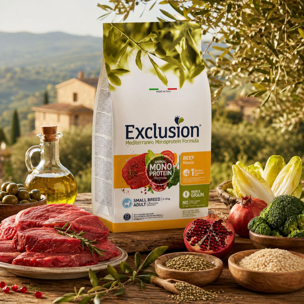 EXCLUSION Mediterraneo Monoprotein Formula Small Breed, XS-S, Vită, hrană uscată monoproteică câini, 2kg
